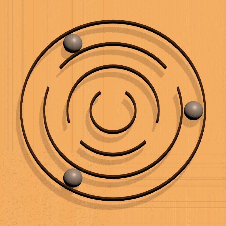 A boboblyss game screen consisting of a 3-ringed circular maze and three balls